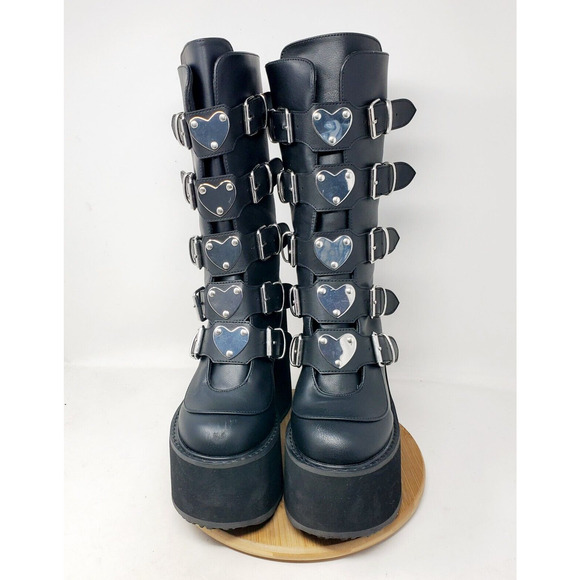 Demonia Platform Boots Womens 9 Black Swing Swing-230 Punk Hearts Straps Buckles - Picture 3 of 13